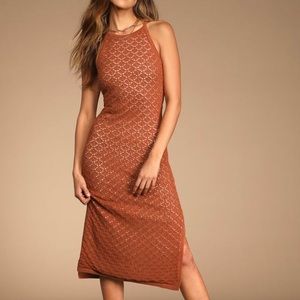 Lulus Global Influence Brown Open Knit Sleeveless Bodycon Midi Dress